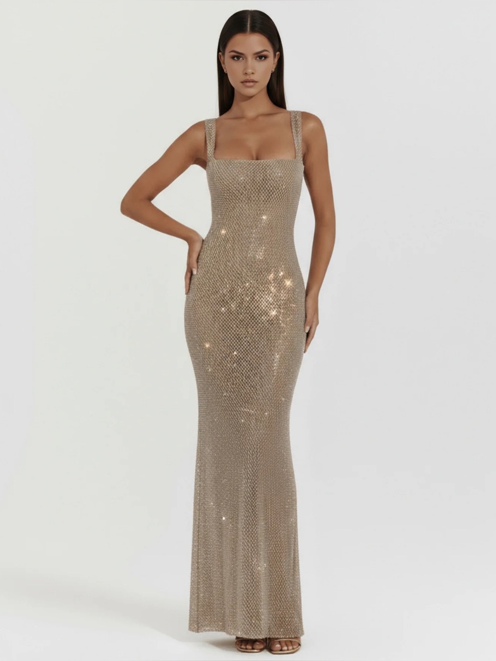 Almond Muse Isabella Gown Size L Gold Crystals Wedding Guest Evening Statement
